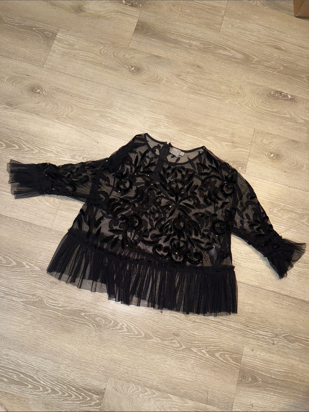 ASOS Black Sheer Embroidered Lace Blouse with Tulle Trim